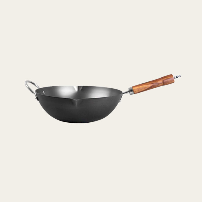 12.6 Inch Carbon Steel Round Bottom Wok With Glass Lid, 12.6”(32cm)