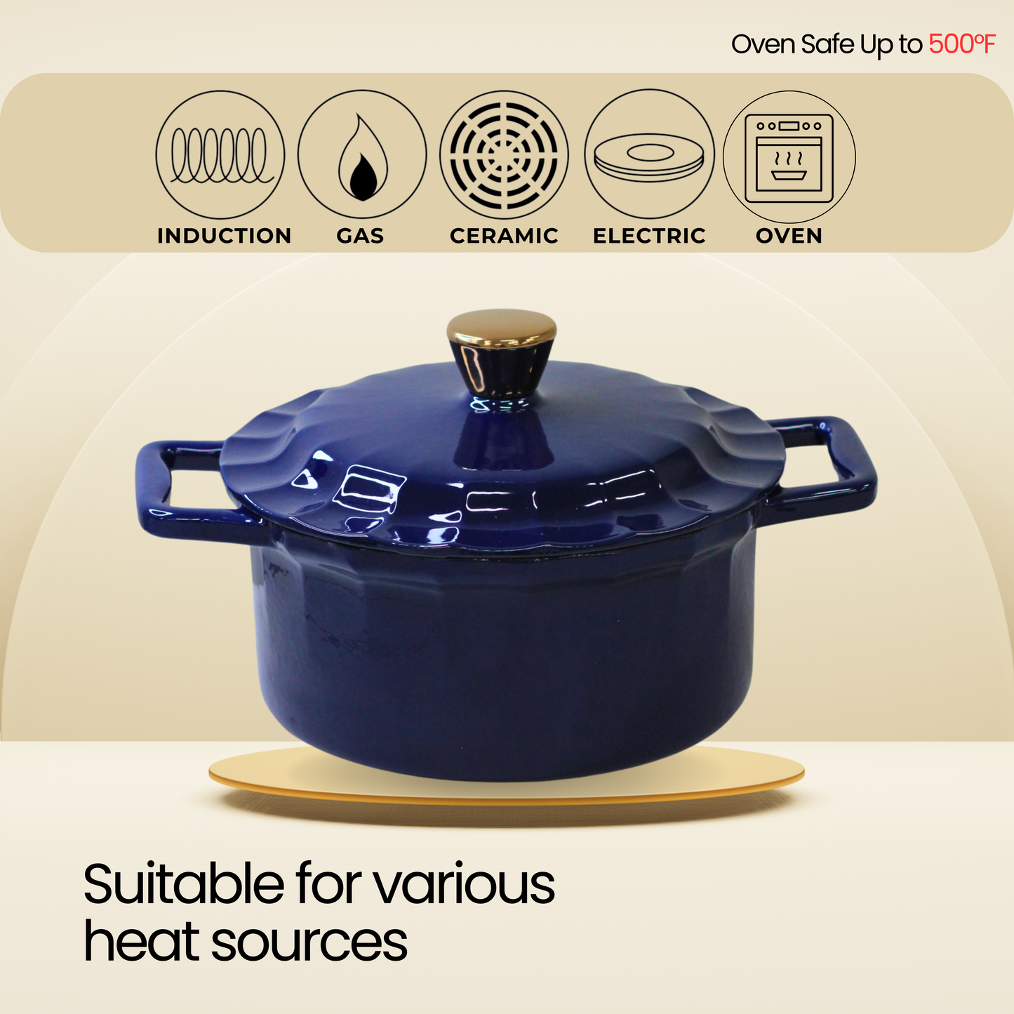 4 Quart Enameled Cast Iron Round Dutch Oven with Lid, Peacock Blue