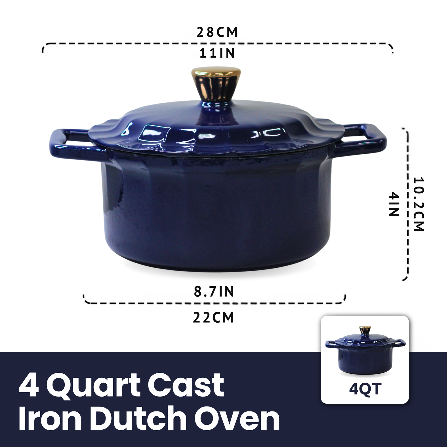 4 Quart Enameled Cast Iron Round Dutch Oven with Lid, Peacock Blue