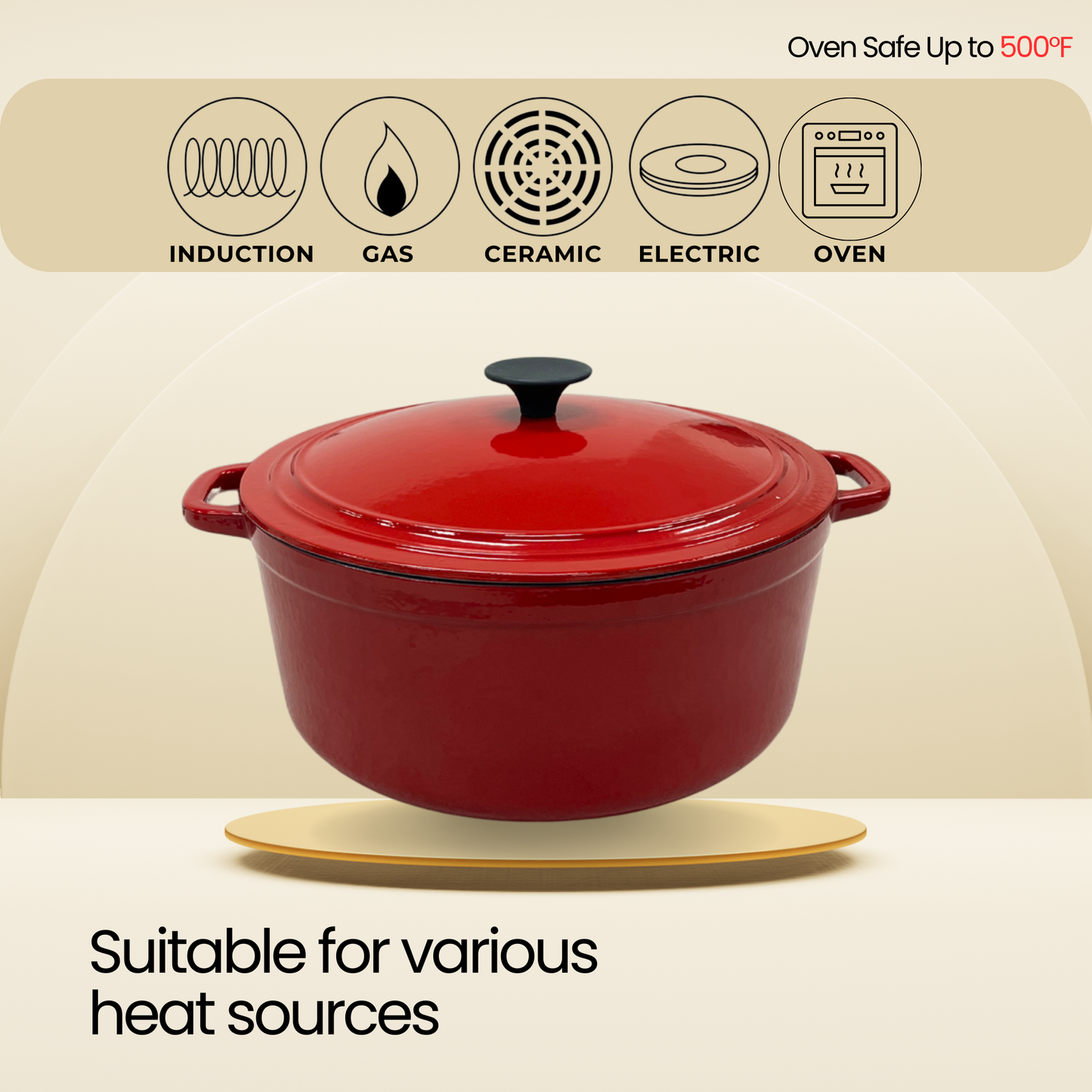 7 Quart Enameled Cast Iron Round Dutch Oven with Lid, Red