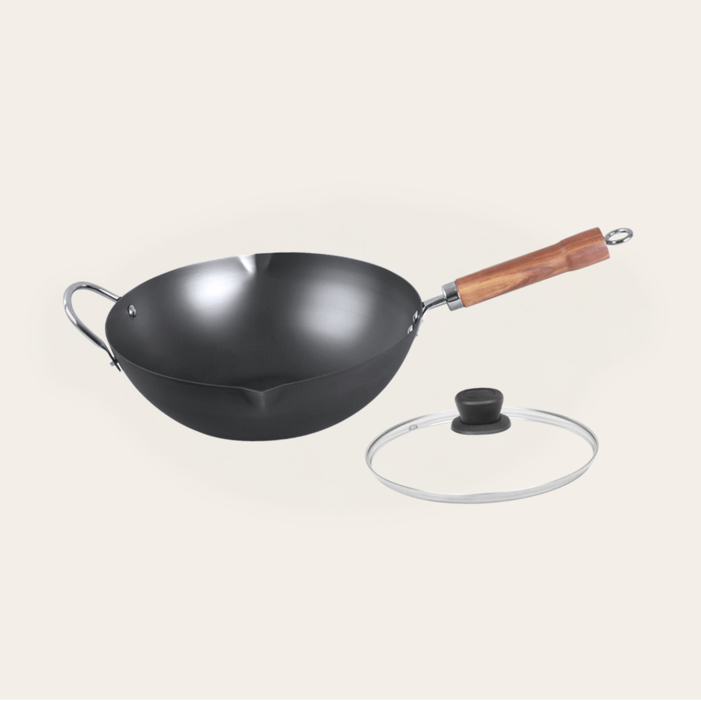 12.6 Inch Carbon Steel Round Bottom Wok With Glass Lid, 12.6”(32cm)