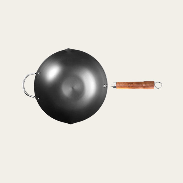 12.6 Inch Carbon Steel Round Bottom Wok With Glass Lid, 12.6”(32cm)
