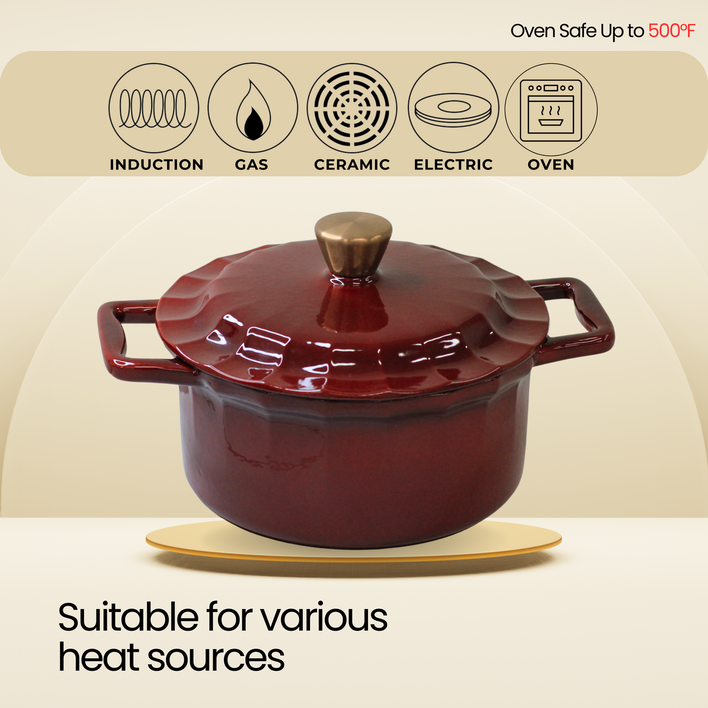 4 Quart Enameled Cast Iron Round Dutch Oven with Lid, Burgundy
