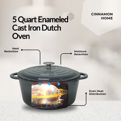 Cinnamon Home 5 Quart  Enameled Cast Iron Round Dutch Oven with Lid, Gray