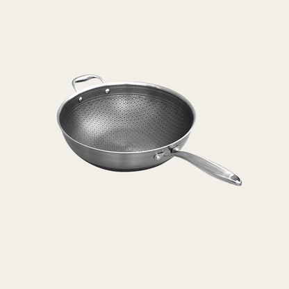 12 Inch Honeycomb Stainless Steel Stir-Fry Wok With Glass Lid, 12.6”(32cm)
