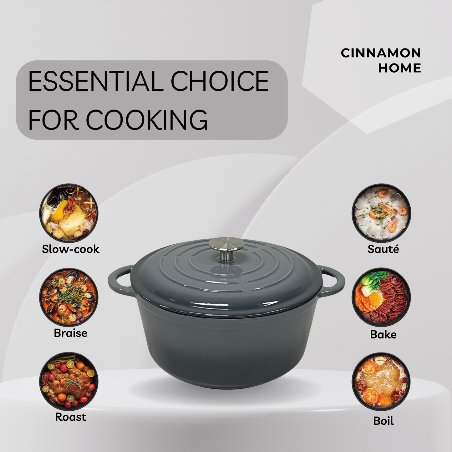 Cinnamon Home 5 Quart  Enameled Cast Iron Round Dutch Oven with Lid, Gray
