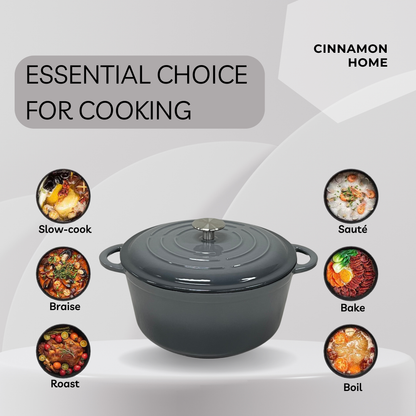 Cinnamon Home 5 Quart  Enameled Cast Iron Round Dutch Oven with Lid, Gray