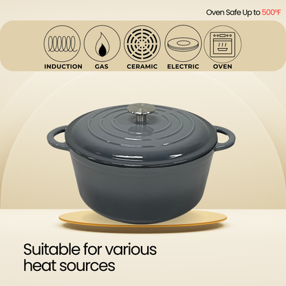Cinnamon Home 5 Quart  Enameled Cast Iron Round Dutch Oven with Lid, Gray