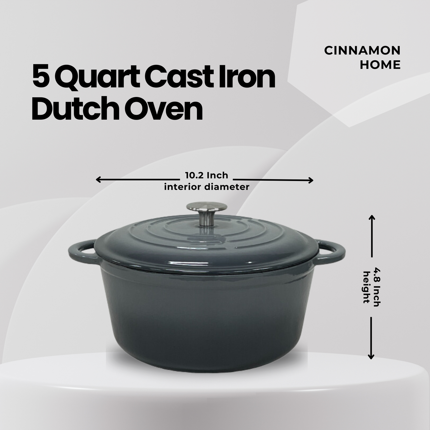 Cinnamon Home 5 Quart  Enameled Cast Iron Round Dutch Oven with Lid, Gray