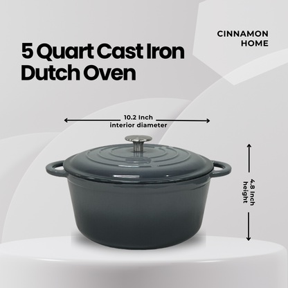 Cinnamon Home 5 Quart  Enameled Cast Iron Round Dutch Oven with Lid, Gray