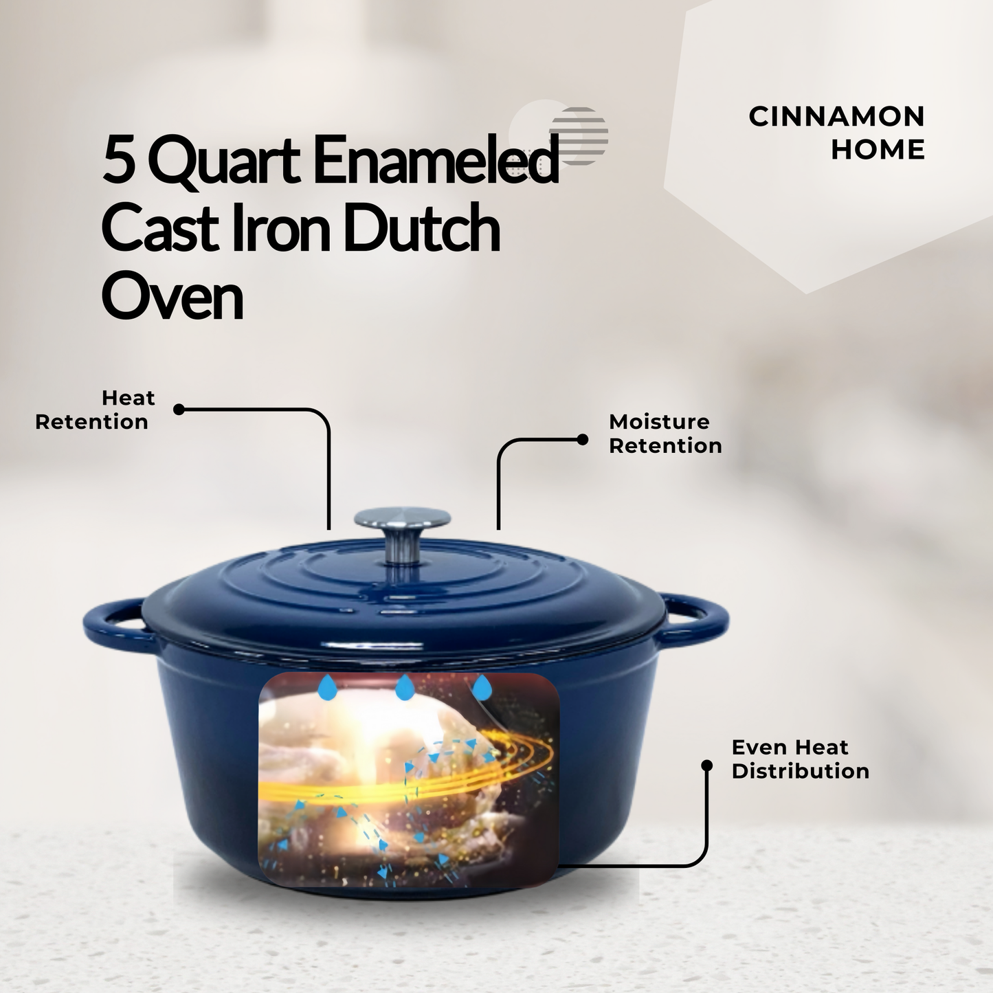 Cinnamon Home 5 Quart  Enameled Cast Iron Round Dutch Oven with Lid, Navy