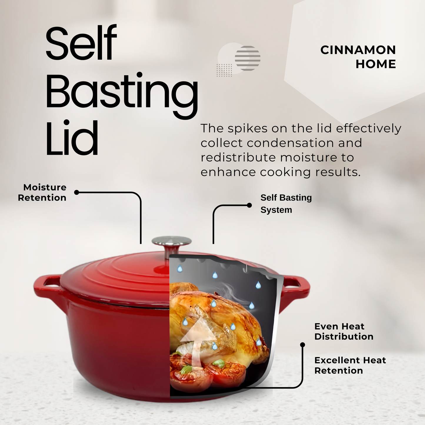 Cinnamon Home 6 Quart  Enameled Cast Iron Round Dutch Oven with Lid, Red