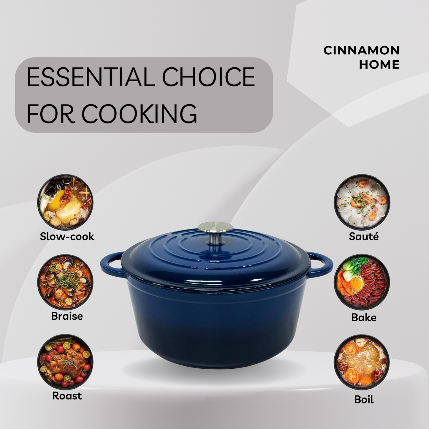 Cinnamon Home 5 Quart  Enameled Cast Iron Round Dutch Oven with Lid, Navy
