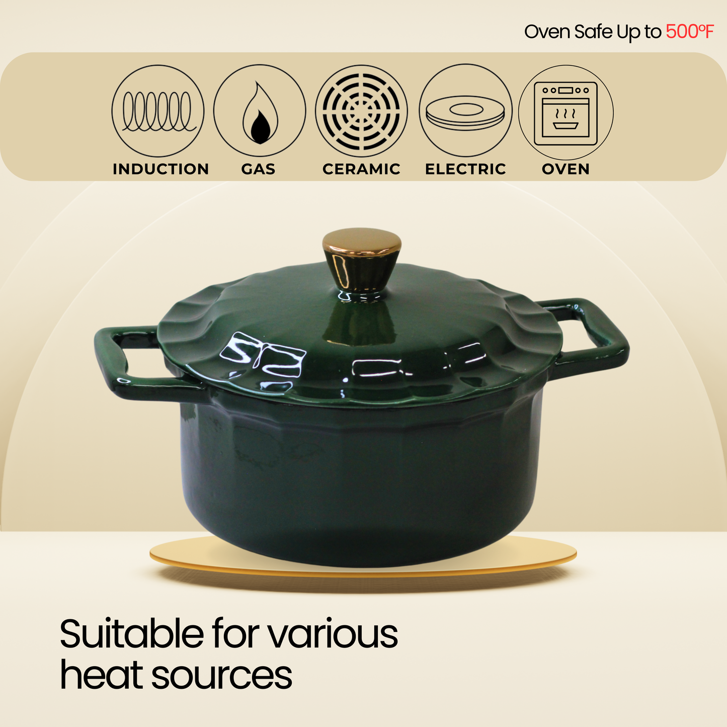 4 Quart Enameled Cast Iron Round Dutch Oven with Lid, Emerald