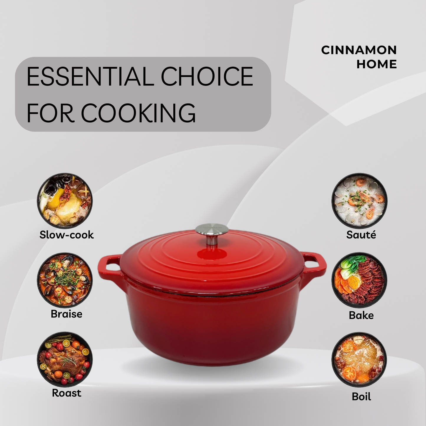 Cinnamon Home 6 Quart  Enameled Cast Iron Round Dutch Oven with Lid, Red
