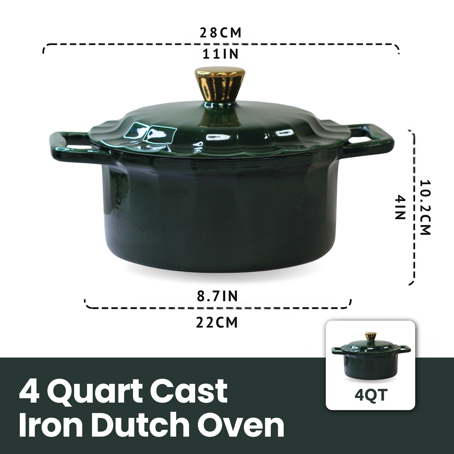 4 Quart Enameled Cast Iron Round Dutch Oven with Lid, Emerald