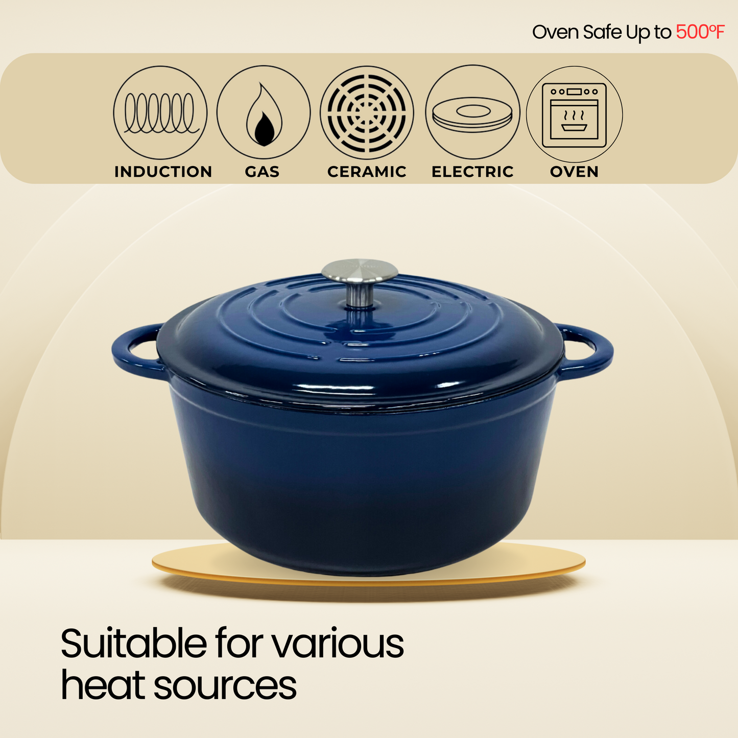Cinnamon Home 5 Quart  Enameled Cast Iron Round Dutch Oven with Lid, Navy