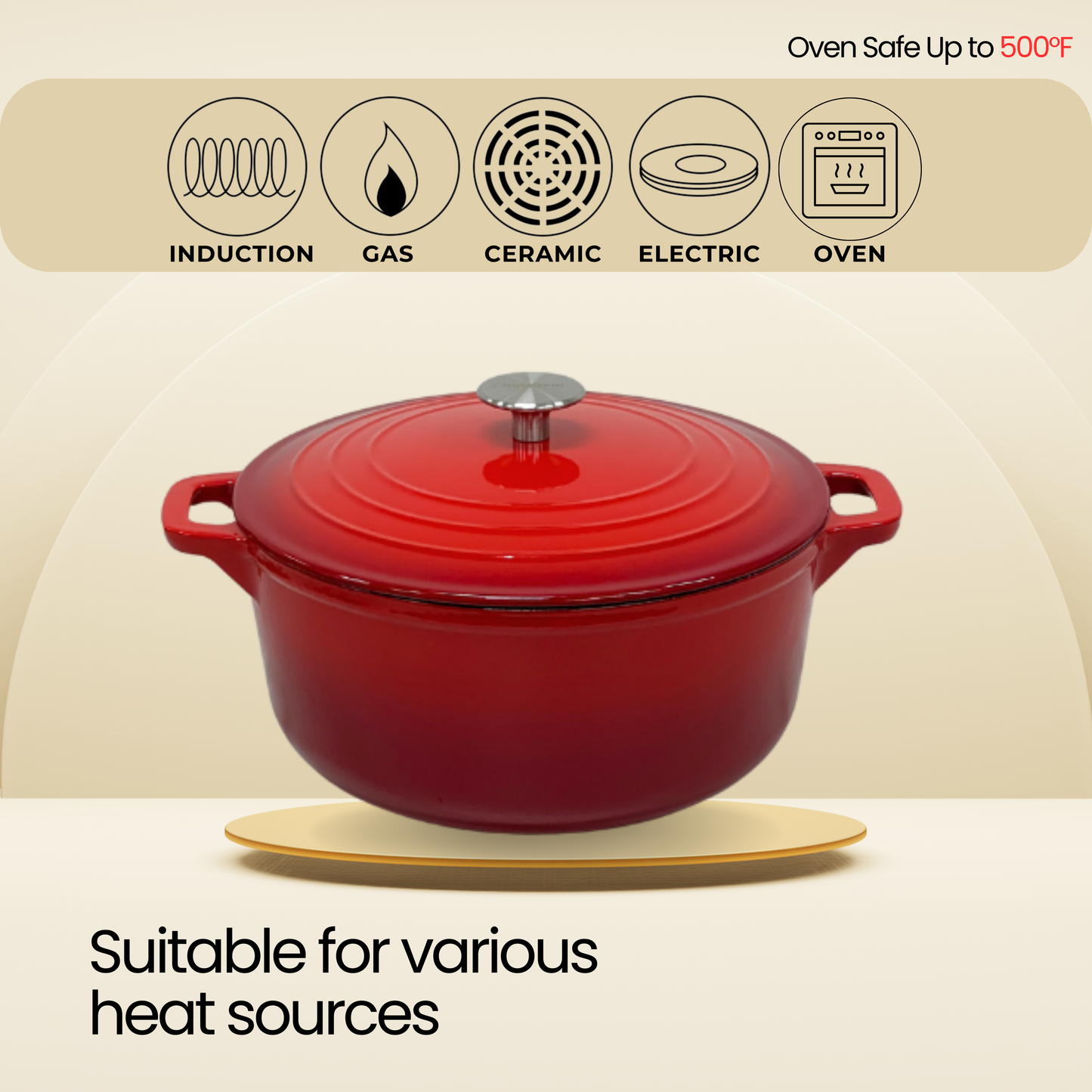 Cinnamon Home 6 Quart  Enameled Cast Iron Round Dutch Oven with Lid, Red